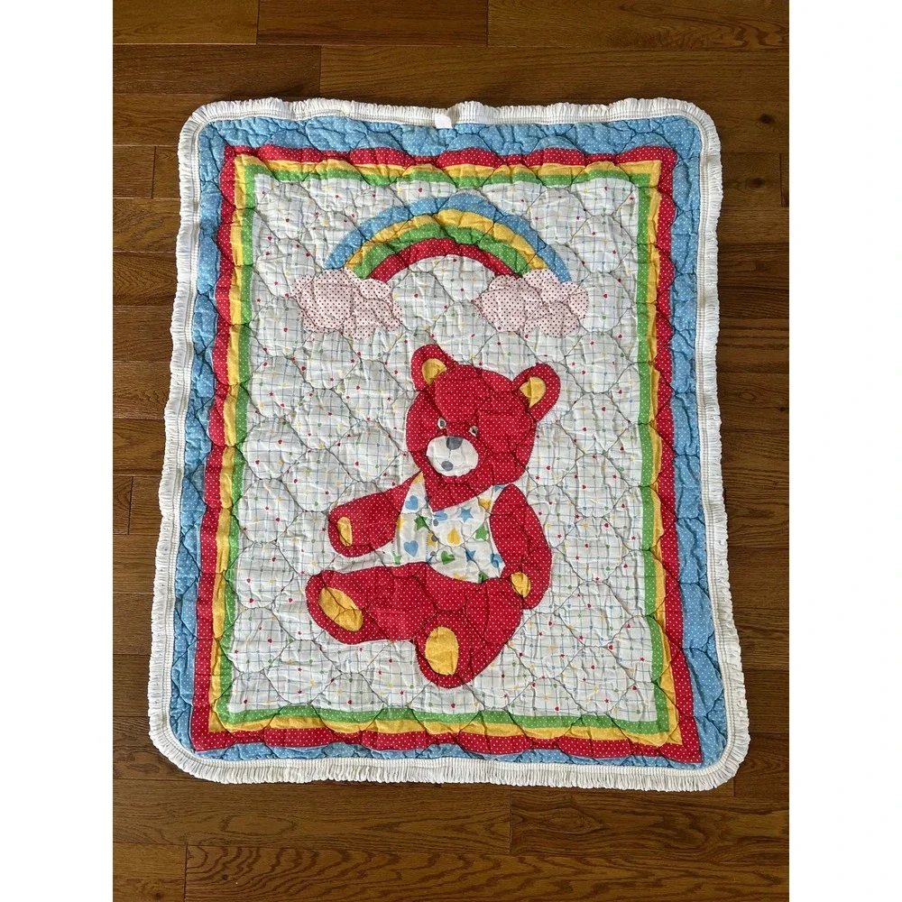 VTG 1980s Baby Dreams Puff Quilt Rainbow Teddy Bear Nursery Biscuit Quilt USA